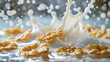 milk splashing on the surface, with cornflakes scattered around
