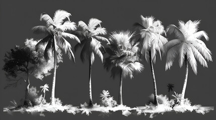  Highly Detailed Palm Tree Silhouettes,
Abstract 3d Render Palm Trees In White Against A Black Background

