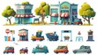 An isolated modern illustration of a supermarket parking area with retro cars, a truck, a shop cart, green trees, road signs, and a waste bin.