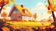 Fall fairy tale beautiful garden illustration with a cabin home near a tree. Rural building exterior on lawn outdoor horizontal panorama environment.