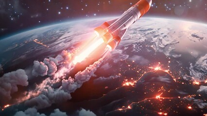 Poster - an artists rendering of a rocket blasting off into space with flames and smoke trailing behind it ag