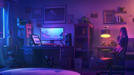 Poster - gamer room with neon screen and computer modern background. video game stream office illustration wi