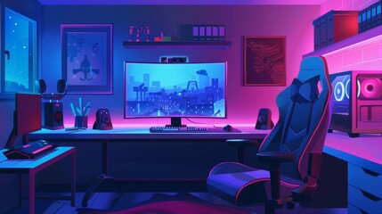 Poster - neon gamer room with computer modern background and neon screen. gaming office with light and purple
