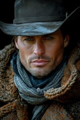 Canvas Print - A man in a cowboy hat and coat with his eyes closed, AI