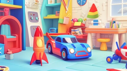 Poster - Toy store game icon cartoon illustration. Cartoon illustration of a toy store interior with a rocket, chair, table and airplane. Childhood shopping clipart.