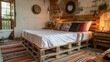 wood pallet bed used in a boutique hostel, appealing to ecoconscious travelers