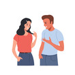 Young man and woman talking, gossiping, whispering secrets, telling news. Flat style cartoon vector illustration.