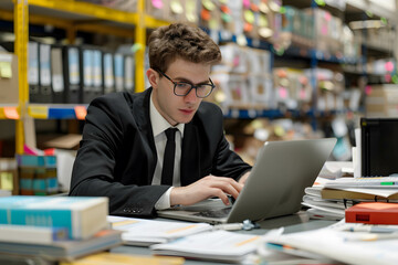 Wall Mural - Businessman attentively reading a financial report or reviewing a detailed balance sheet, using analytical skills to interpret complex financial information