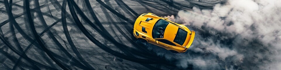 Wall Mural - Aerial top view professional driver drifting car on asphalt road track with white smoke, Automobile race car drift on abstract asphalt road with black tire skid mark, View from above.