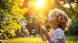 © No - Close-up of Joyful Child Blowing Bubbles in Sunlit Park