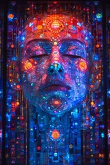 Poster - A large stained glass window with a face made of many different colored lights, AI