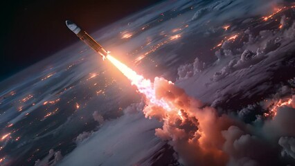 Poster - a rocket speeds through the sky, leaving a trail behind, against the backdrop of the earth below.