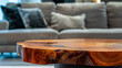 Wooden Table Top with Blur of Modern Living Room Interior decor ai generative