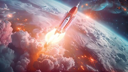 Poster - artists depiction of a rocket blasting off into space, leaving earths atmosphere with powerful engin