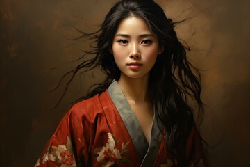 Wall Mural - Artistic portrait of a graceful young woman adorned in a red floral kimono