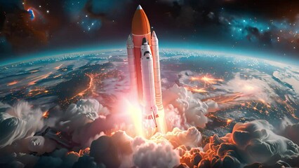 Poster - artists depiction of a space shuttle blasting off from the surface of the earth, leaving behind a tr