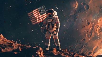 Wall Mural - An astronaut in a spacesuit plants the American flag on Mars. Patriotic and proud moment for humanity as a whole.
