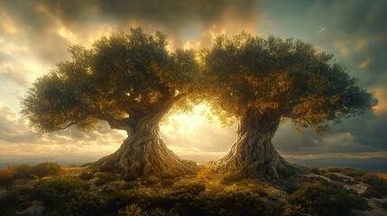 two olive trees with bright sunburst sunlit light, idea for revelation 11, Generative Ai	
