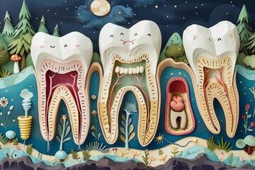 A detailed illustration of a tooth cross-section, Playful and colorful paper art scene depicting a series of smiling teeth in cross-section, integrated with elements of nature under a starry sky.