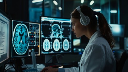 Sticker - Photograph of female medical scientist in laboratory using computer to analyze brain scan images. Neurological Research Center working on curing brain tumors.