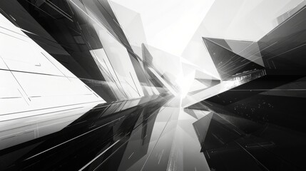Aufkleber - A dynamic composition of sharp, angled geometric forms in black and white creating a sense of depth with a central light flare.