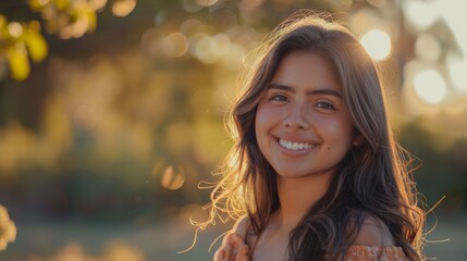 Poster - Stunning portrait of a gorgeous Hispanic woman stepping into focus with a charming smile.