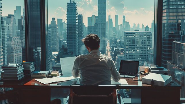 in the window is a view of a big city business district. a successful businessman sits at his desk w
