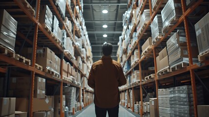 Poster - On the shelves, standing cardboard boxes are being checked by a warehouse worker using a digital tablet.