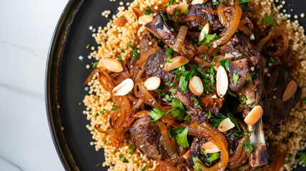 Wall Mural - Tender lamb tagine with couscous, almonds, onions, and herbs on a black plate against a white marble backdrop