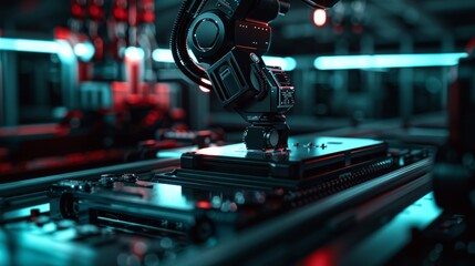 Poster - A close-up of a new generation of AI robotic arms ready for use in a production line. Computer manufacturing. Dark black colors.