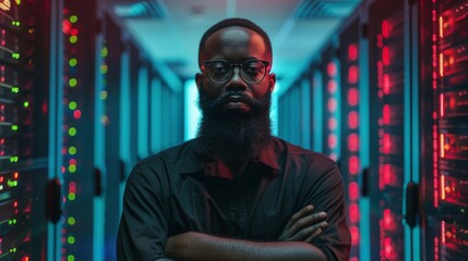 Poster - Crossed arms of a bearded black IT engineer in a data center servers room surrounded by computer servers.