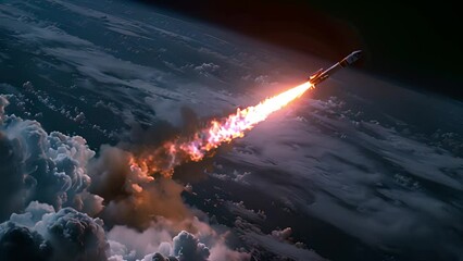 Poster - an artists depiction of a rocket with flames blasting off into the dark expanse of outer space.