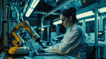 Wall Mural - In the factory, a robotic arm is programmed by a laptop as part of an automation engineer's tasks. It's the dawn of a new era in the automatic manufacturing industry.