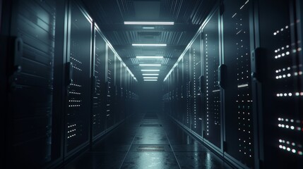 Canvas Print - An image of a dark and modern data center with fully operational server racks. This is a modern image for cloud computing, artificial intelligence, supercomputers, and cybersecurity applications.