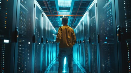 Poster - Computer Hardware Equipment, Broadband Fiber Optic Cables, LED Lights are visible in the Data Center. As an IT Engineer inspects and diagnoses server rack equipment and conducts routine maintenance