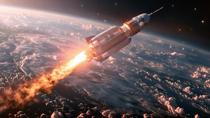 Poster - artists depiction of a rocket taking off into space with billowing exhaust clouds, fiery engines, an