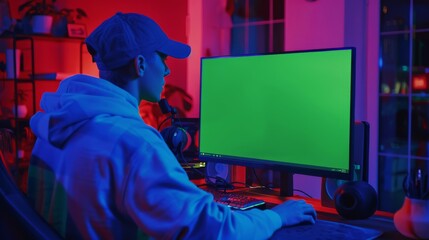 Poster - Young Man is wearing a cap and hood. PC and room have colorful neon lights. Cozy evening at home. Professional stream using his computer with green screen mock-up template.