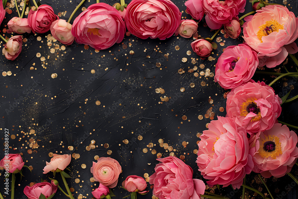 pink peonies and ranunculus flowers , border frame on a black ...