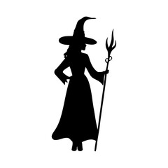 Wall Mural - witches silhouettes vector illustration. mythical characters for Halloween witch drawing black and white. Magic female in witch hat outline clip art.