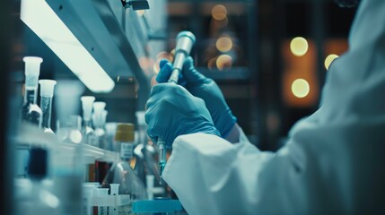 Poster - micropipette being used by a research scientist in a modern laboratory.