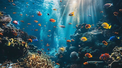 Sticker - Underwater world full of life. Colorful fishes of all shapes and sizes swim among vibrant coral reefs, creating a stunning and mesmerizing scene.