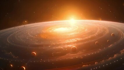 Poster - an artists depiction of the solar system, showing the sun, planets, moons, and asteroids orbiting in