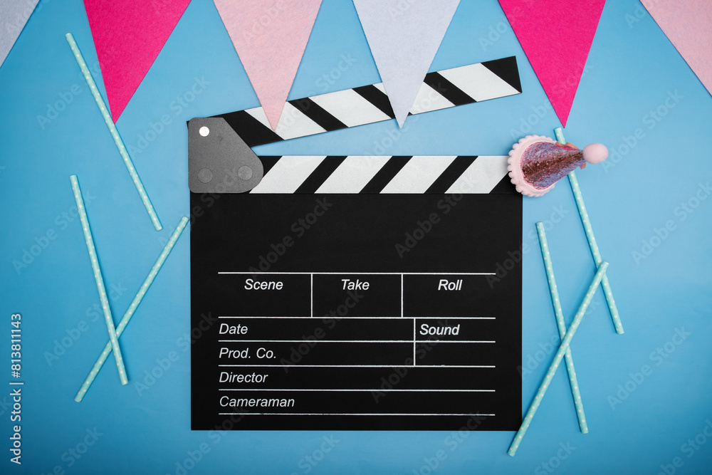 Scene Cutter Clacking Clapper board and birthday decorations, action scene, movie production ...