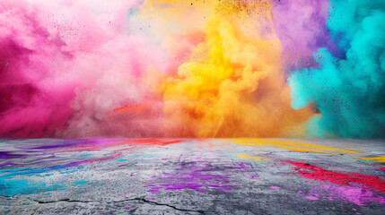 Fototapete - A vibrant festival of colors in Smokey background with concrete floor