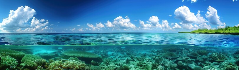 Poster - panoramic view of the clear blue water and coral reef with green grass on both sides