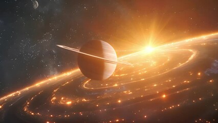 Poster - an artists depiction of a planet in space with a circular ring system orbiting around it.