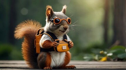 Funny squirrel wearing sunglasses and backpack walking on the street. Travel concept.