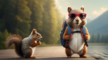 Funny squirrel wearing sunglasses and backpack walking on the street. Travel concept.