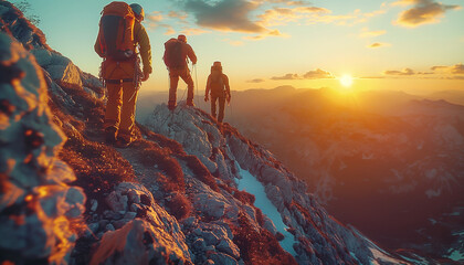 back view of climbers with backpacks and trekking poles in crampons walking by the mountain ridge as