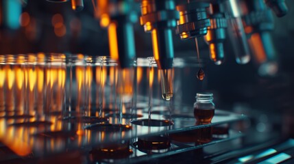 Canvas Print - Moving Pharmaceutical Production Line. Dropper filling sample tubes for DNA study. Close-up macro of pipette filling test tubes.